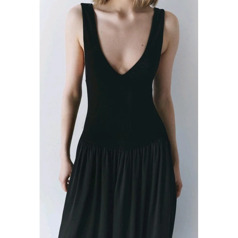 봄 신상 섹시한 딥 V 블랙 스플라이스 미디 드레스 긴 소매 없는 베스트 드레스 A라인 실루엣 U넥 여성용 드레스