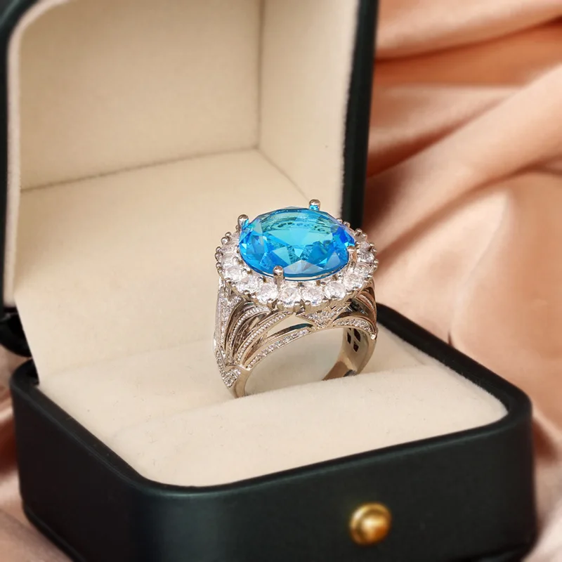 Vintage Woman Hollowed Out Rings Wedding Engagement Sterling Silver Ring Shining Luxury Round Blue Zircon Classic Jewelry