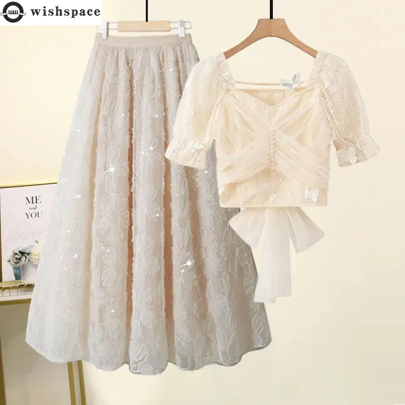 Korean Popular Sweet and Elegant Women\'s Skirt Set Sexy Lace Chiffon Shirt Tulle Bubble Skirt Two-piece Set Party Dress