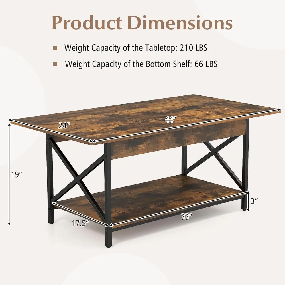 2-Tier Coffee Table with Storage Shelf, Modern Accent Cocktail Tea Table with Reinforced X-Shaped Structure, Solid Metal