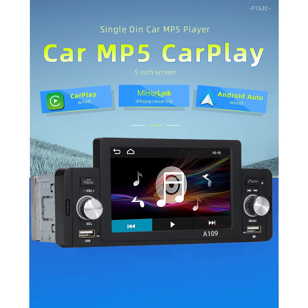 Touch Screen Single Din Car Stereo CarPlay Android Auto Bluetooth Handsfree FM Radio