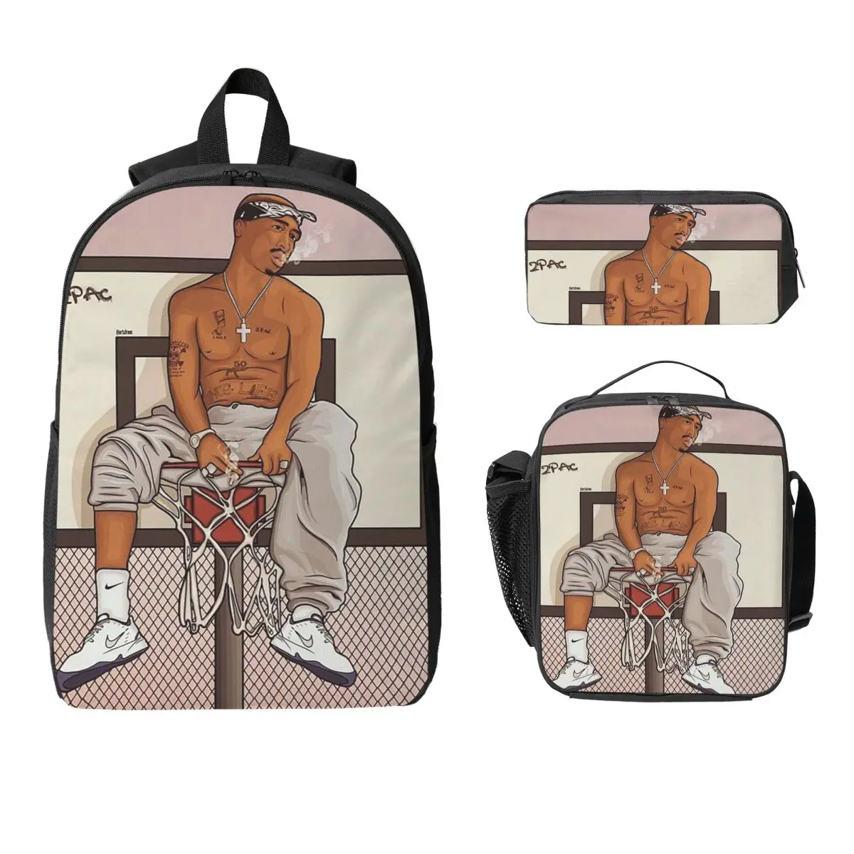 Rapper Tupac 2PAC Hip Hop Backpack Boys Girls BookBag School Bag Computer Shoulder Bags 3ps Insulated Lunch Bag Pencil Case