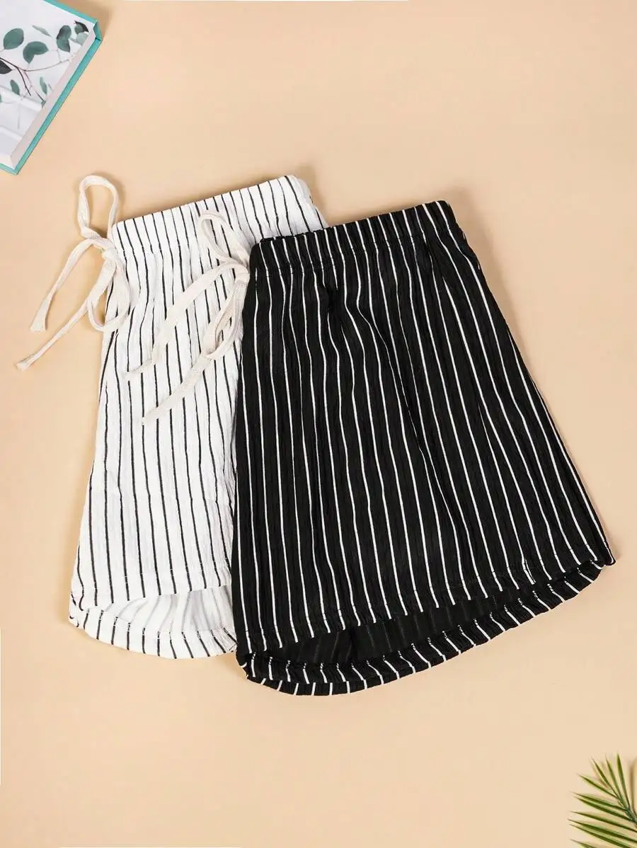 2pcs Women Ribbed Ice Silk Casual Shorts Striped Sleepwear Spring Summer