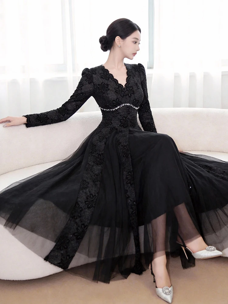 

French Vintage Sequin Lace Dress Spring Women Elegant V Neck Slim Vestidos Robe Office Work Casual Date Party Evening Gown Daily