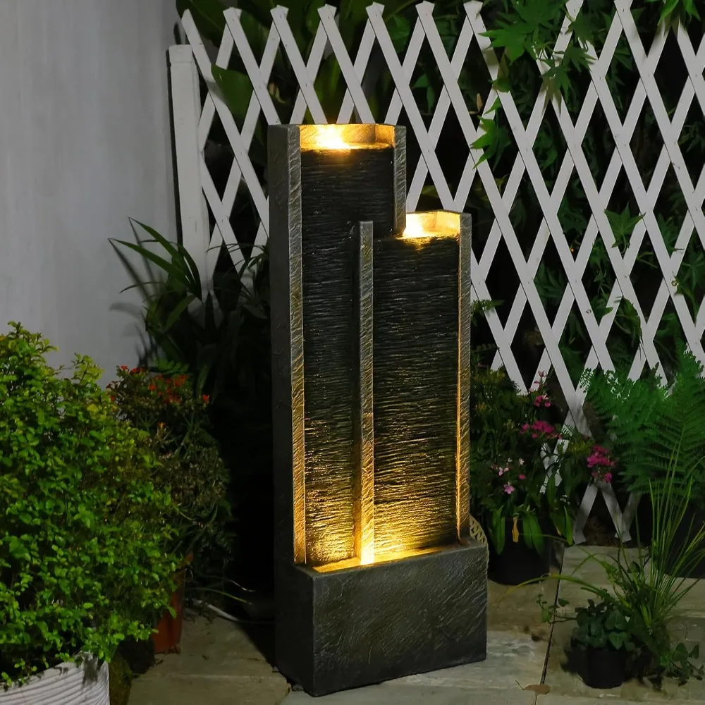 

H Modern Indoor Outdoor Waterfall Fountain with Gentle Sound, Resin Garden Water Fountain Outdoor with Lights, Black Stream