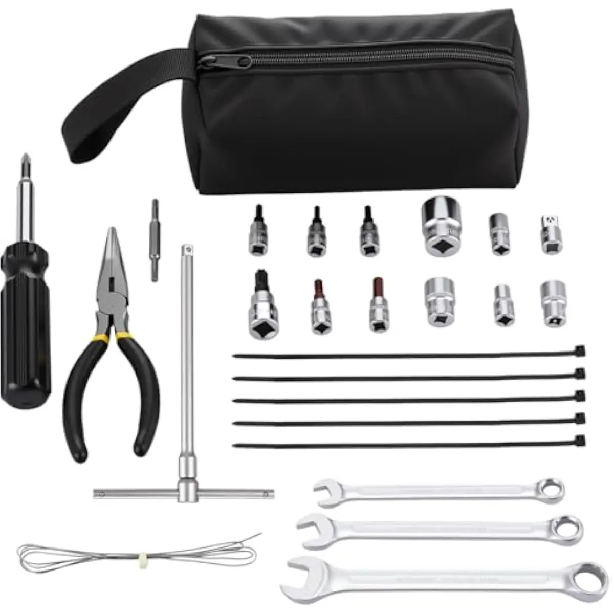 26-piece motorcycle repair kit with chrome vanadium wrenches sockets hex bits T-handle driver needle-nose pliers wire cutters ca