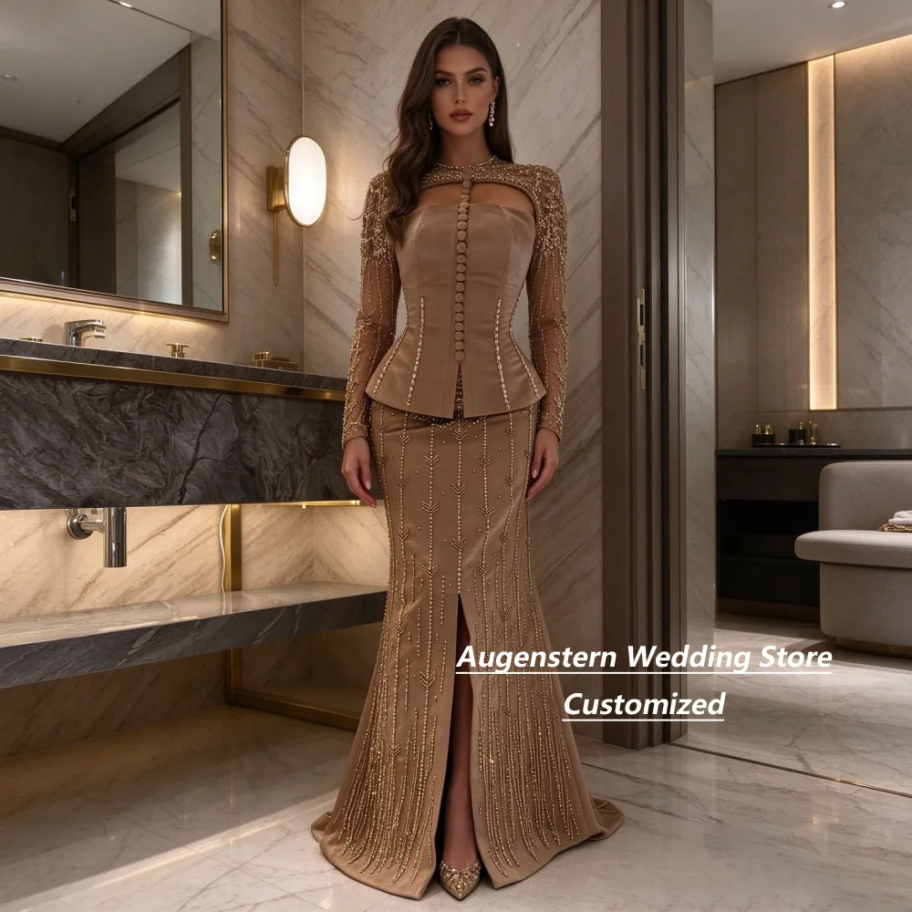 Customized s Two Piece Beaded Tulle Long Sleeve Satin Mermaid Mother of the Bride DresseCutout Formal Wedding Guest Dress