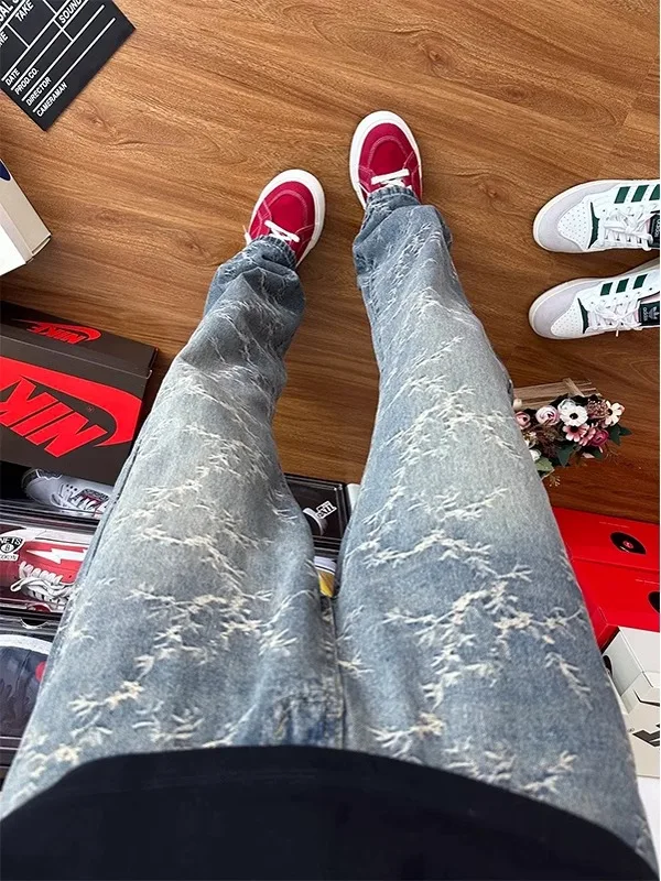

Light Blue Thorn Embroidery Men's Jeans Straight Leg Long Trousers Spring Faion High Street Design Casual Youth Jeans
