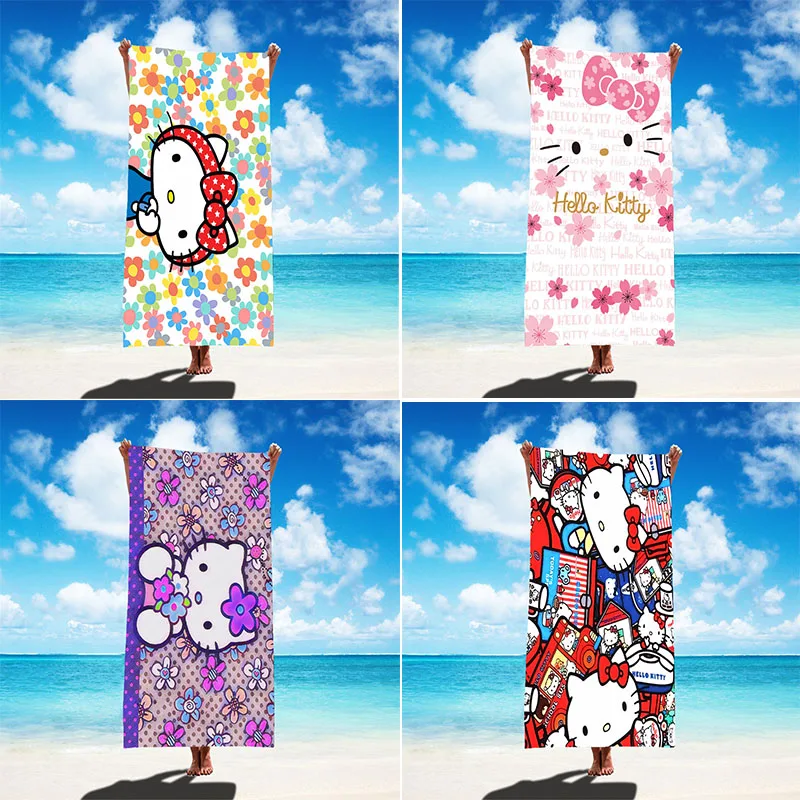 Cute Hello Kitty Kawaii Bath Towel Print Superfine Fiber Anime Cartoon Beach Towel 75X150Cm Summer Sandy Beach Suncare