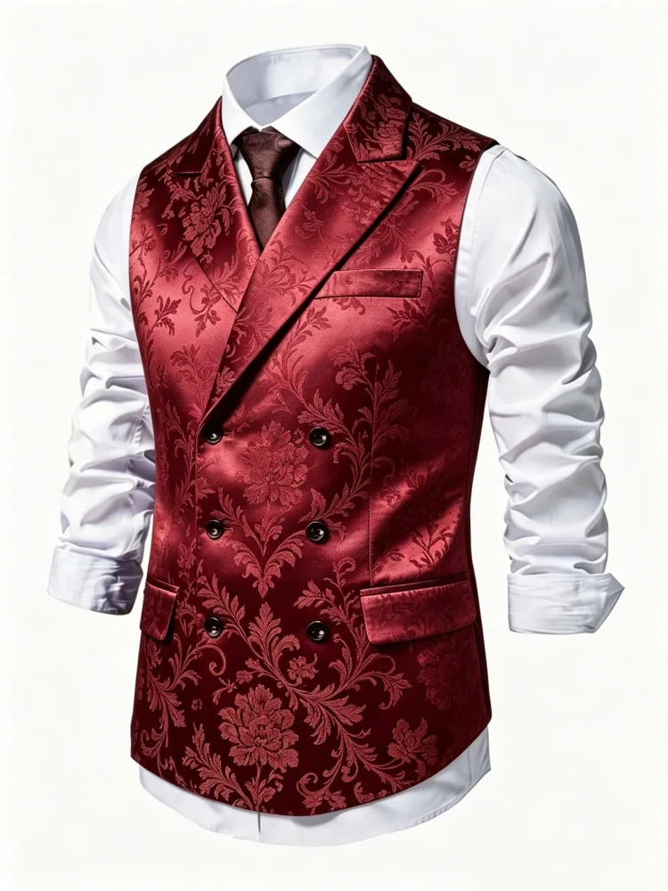 

Mens Vintage Slim Fit Waistcoat Luxury Burgundy Gold Floral Design Double Breasted Jacquard Vest