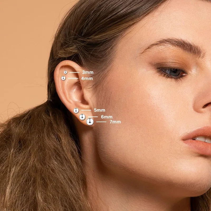 18K الذهب الأبيض مطلي فضة الكرة وأقراط للنساء الفتيات 3-5 مللي متر بسيطة مصقول الكرة ترصيع مجوهرات هيبوالرجينيك #3