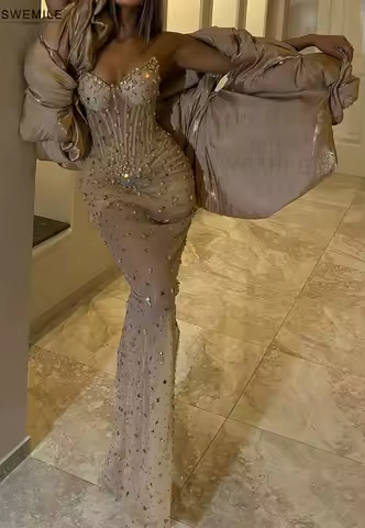 SWEMILE Sheer Mermaid Evening Dress Strapless Sweetheart Illusion Fishbone Crystal Beaded Prom Dress With Shawl Formal Vestidos