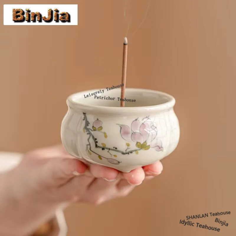 Hand Drawn Magnolia Flower Tripod Incense Burner Home Indoor Censer Burner Base Beauty Insert Censer Holder Tea Set Accessories