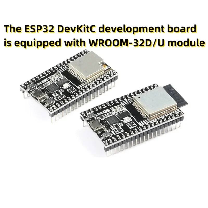 The ESP32 DevKitC development board is equipped with WROOM-32D/U module