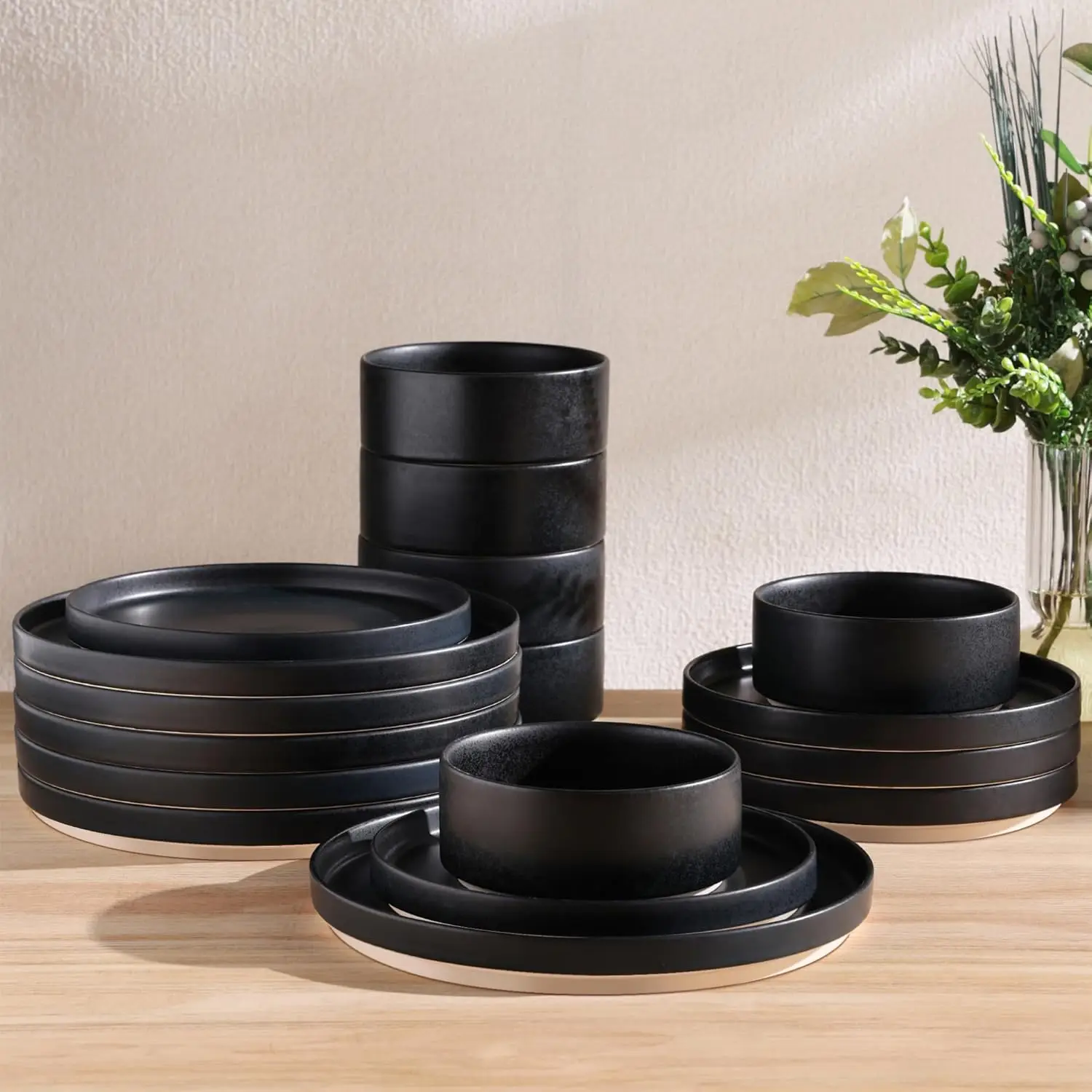 

Ceramic Dinnerware Sets for 6, 18 Pieces Handmade Reactive Glaze Plates and Bowls Set, Scratch Resistant Dish Set, Oven & Microw