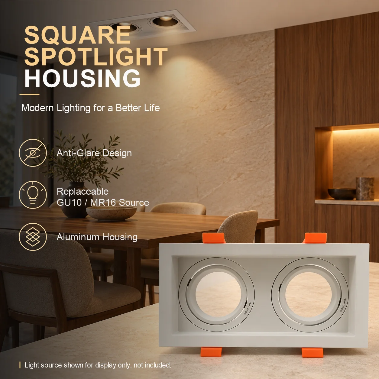 Square Cutout Spotlight Holder Anti-Glare Adjustable GU10 MR16 Square Aluminium Alloy Recessed Downlight Frame