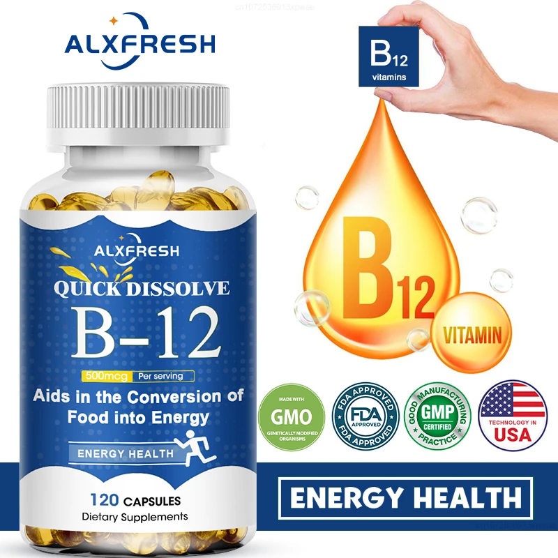 Alxfresh Vitamin B12 Capsules Supports Energy Metabolism Mood Nervous System Support Daily B12 Nutritial Supplement Health Care