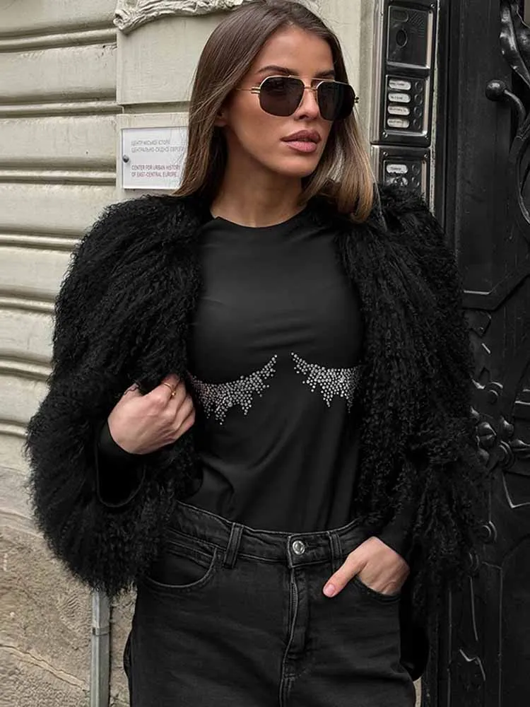 BKQU Strass Sexy Slanke Lange Mouw T-Shirt Vrouwen Basic Ronde Hals Cropped Tops 2025, Herfst Elegante Club Party Kleding Tees