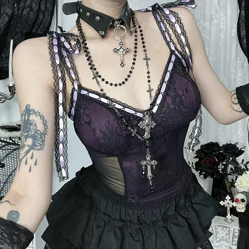 

French subculture lace suspender top sexy hot girl dark style bra, retro women's high-end elegant temperament fishbone bra