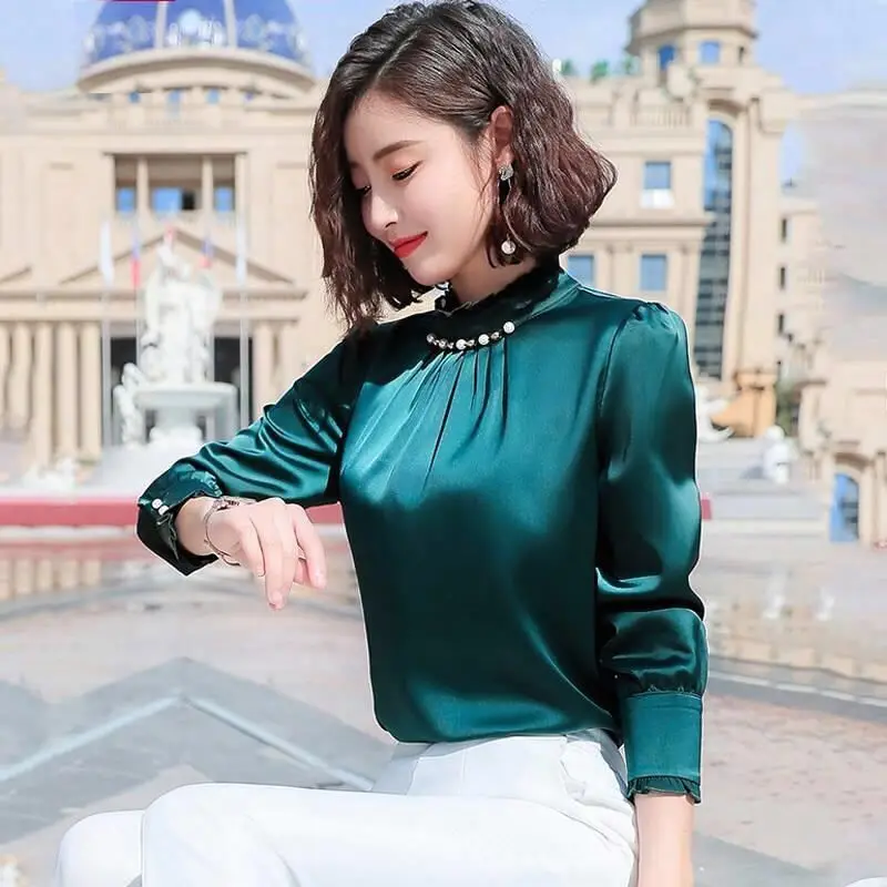 Temperament Chiffon Loose Shirt Tops Spring New Long Sleeve Solid Color Plus Size Pleated Blouse Fashion Office Women Clothing