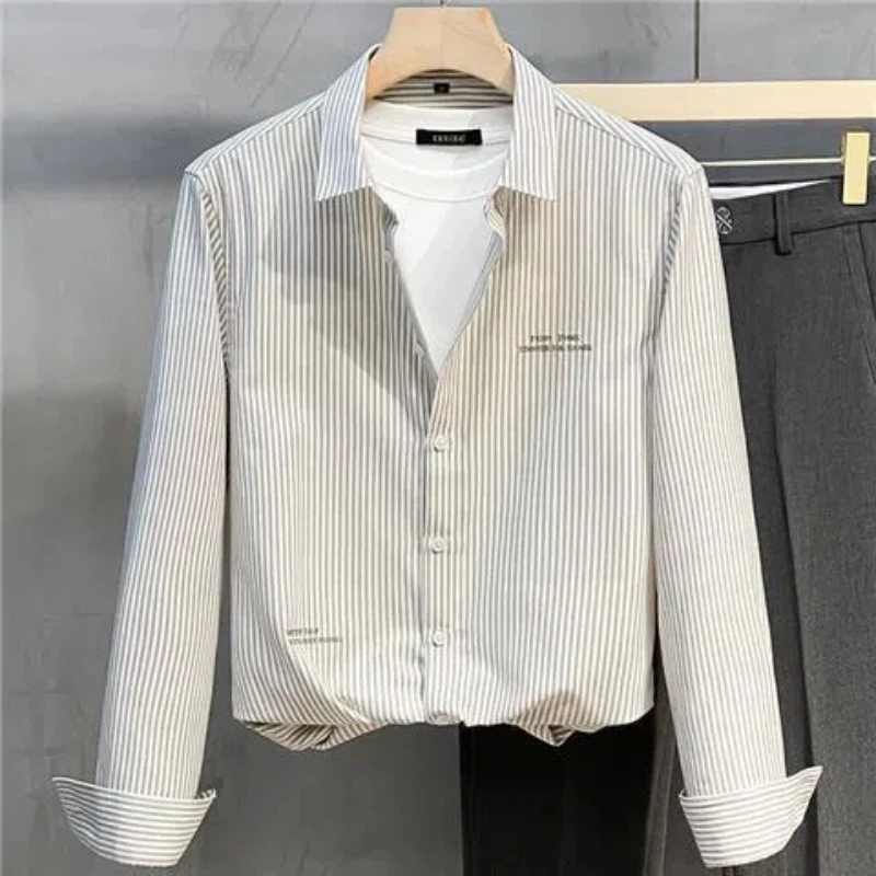 Spring Autumn New Fashion Turn-down Collar Long Sleeve Striped Blouse Men\'s Clothing Loose Korean Button All-match Trend Shirts