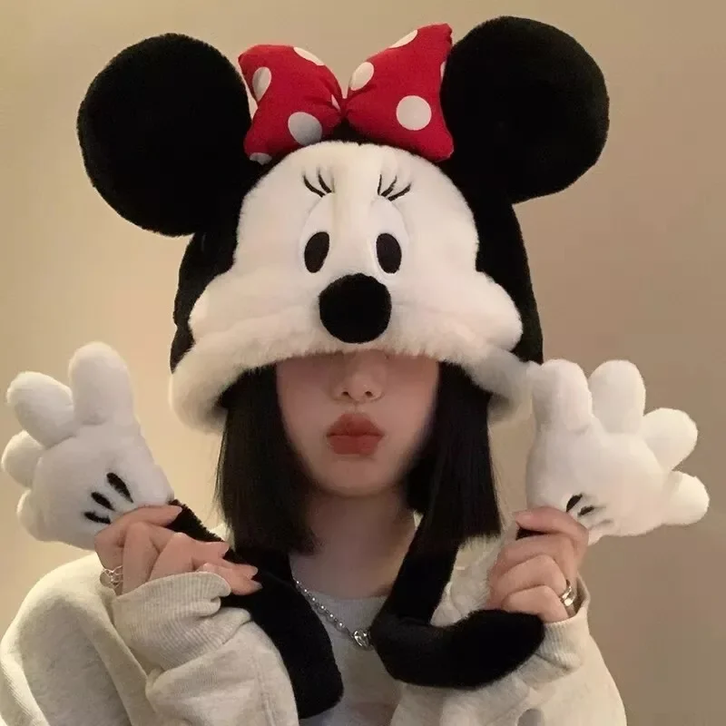 Disney Mickey Hat Sweet Women's Winter Thick Warm Furry Hats Cute Cartoon Minnie Donald Duck Outdoor Ear Protector Plush Hats