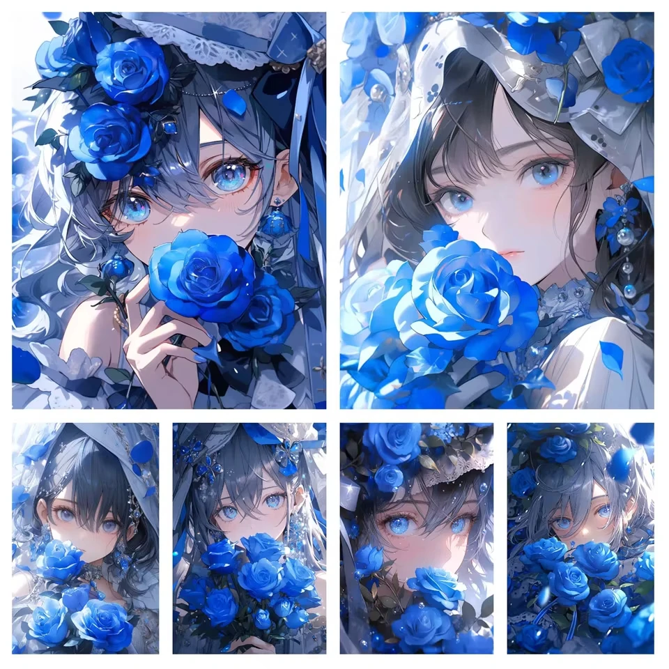

Cartoon Anime 5D DIY Diamond Painting Girl Blue Rose Rhinestone Mosaic Diamond Embroidery Cross Stitch Handmade Gift Wall Decor