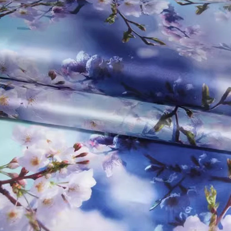 135CM Wide 14MM White Floral Blue Stiff Silk Fabric for DIY Sewing Bubble Dress Coat R1873 view 3