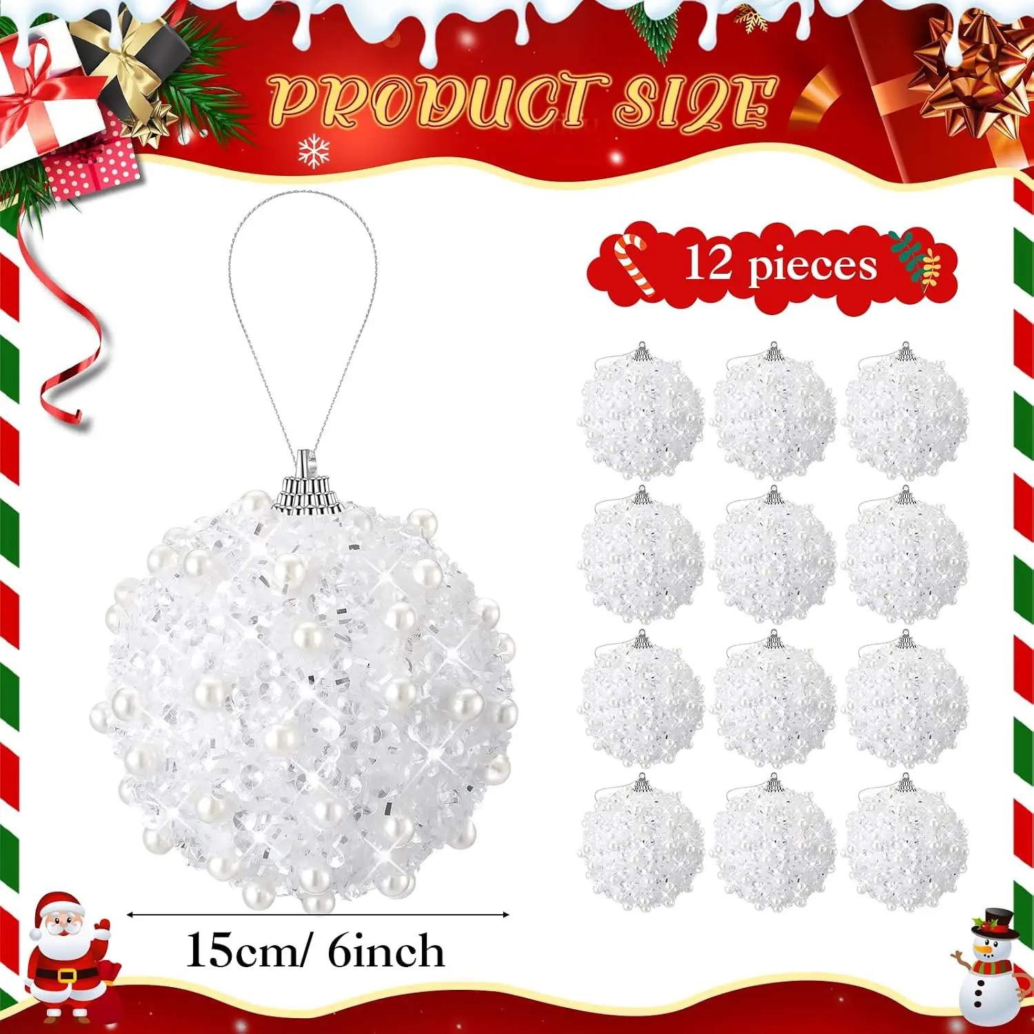 Christmas Ball Ornaments, Set of 12, White, 6-Inch, with Pearl Sequin Detailing
