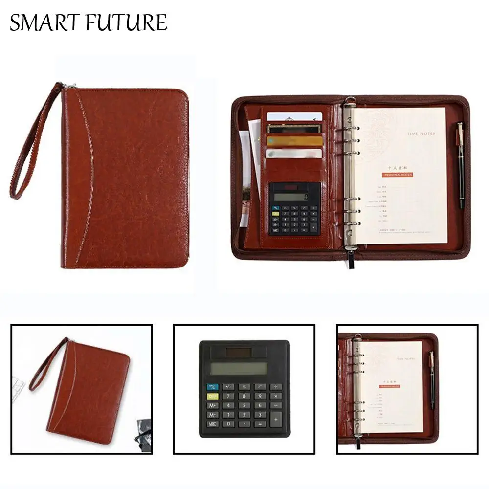 

Портативная папка для файлов, держатель для карт из искусственной кожи, рабочая книга для записей, застежка-молния, 6-кольцевой блокнот с вкладышами, офисные принадлежности