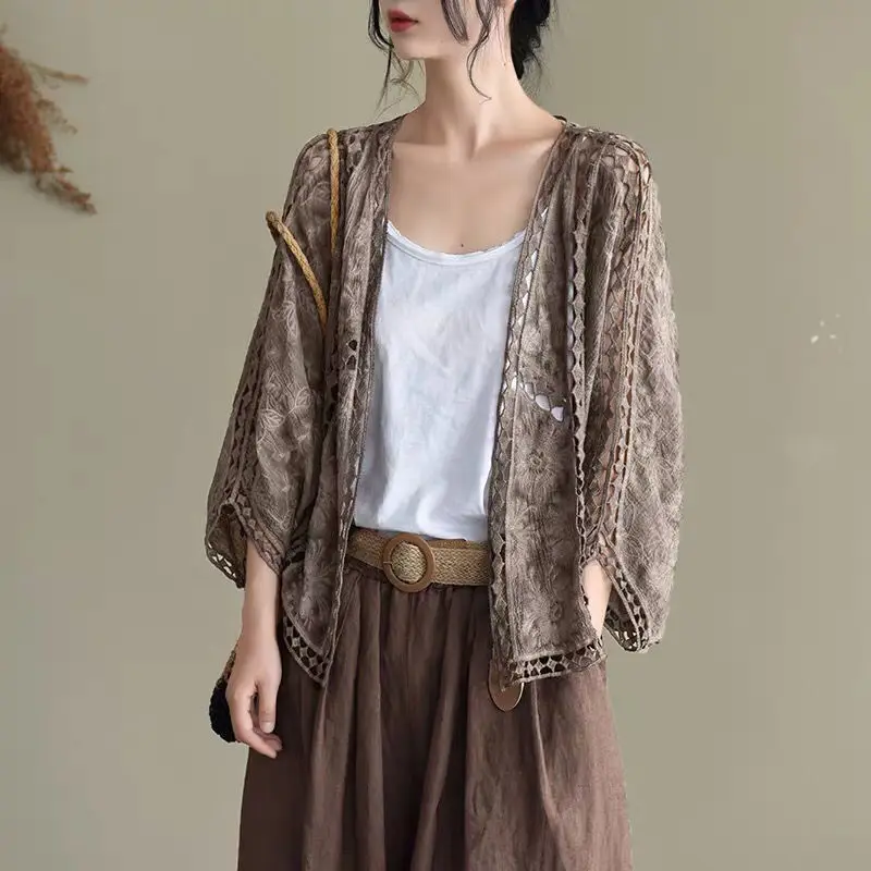 Knitted Cardigans Women Hollow Out Summer Thin Clothes Vintage Chic Graceful Sun-proof All-match Simple New Aesthetic 6 Colors