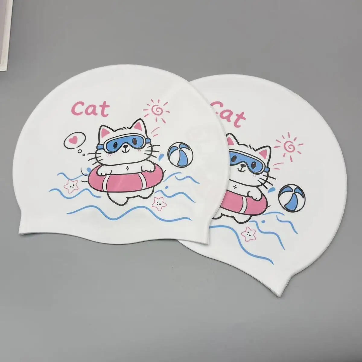 Cute Kitten Silicone Swim Cap for Women, Adult Cartoon Summer Outdoor Waterproof Ear-Protecting Swim Cap view 5