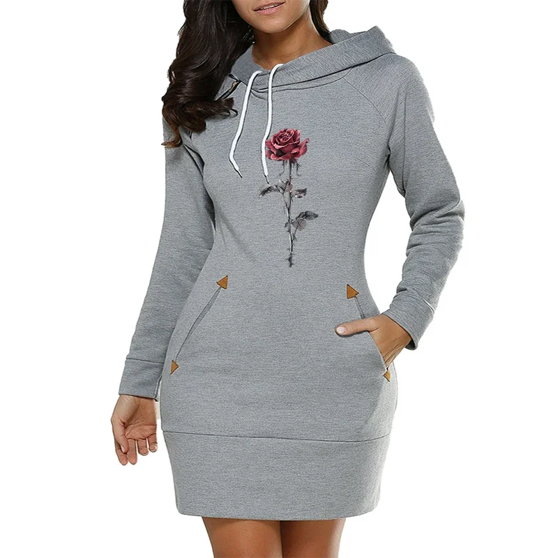 Tägliche Einfachheit, schmale Passform, Taschen-Hoodies, Kragen, Reißverschluss, Design, hochwertige Damen-Midikleider, lässig, Herbst, Winter, Komfort, Mode