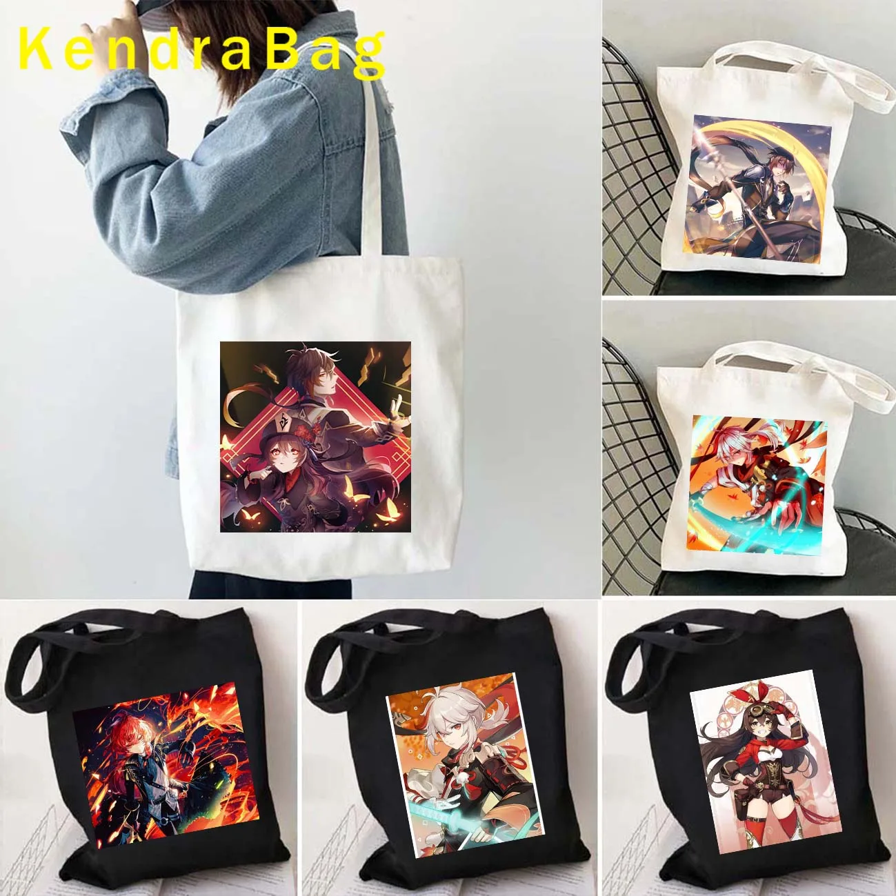 Manga Genshin Impact Beidou Amber Kazuha Ganyu Keqing Diluc Lisa Xiangling Hu Tao Zhongli Anime Canvas Totes Bag Cotton Handbags