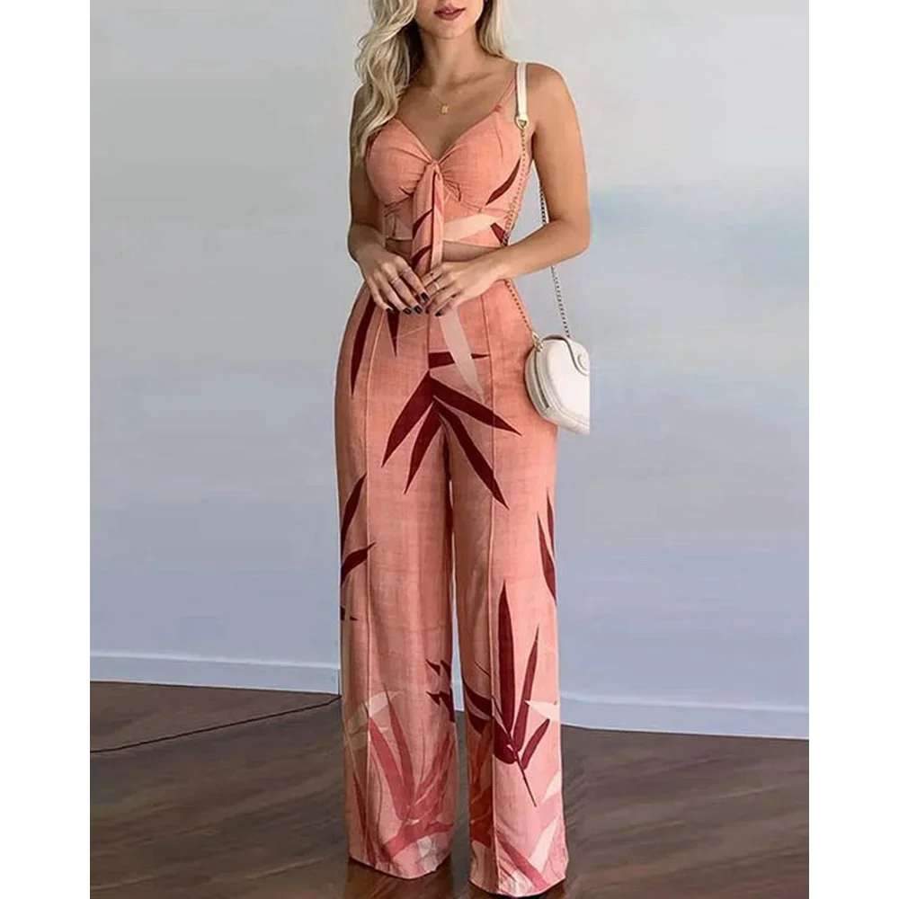 Summer Women Tropical Print Spaghetti Strap Casual Lace up Back Top &High Waist Pants Set 2 Pieces Suit Sets 2023 Woman Clothing