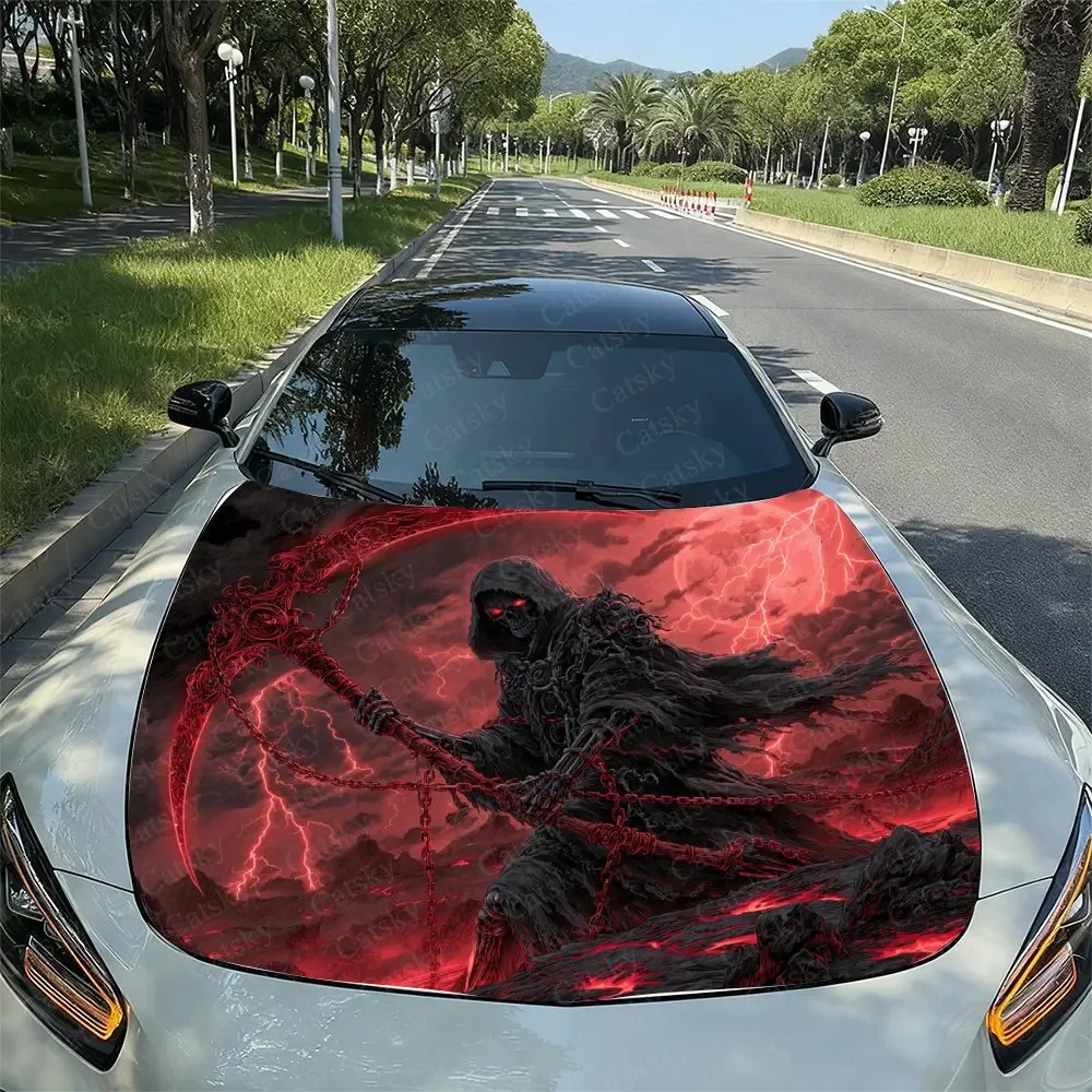 Crimson Sickle, Grim Reaper Car Vinyl Packaging,splash Proof PVC Stickers On Engine Hood, Easy To Disassemble And Durable Design