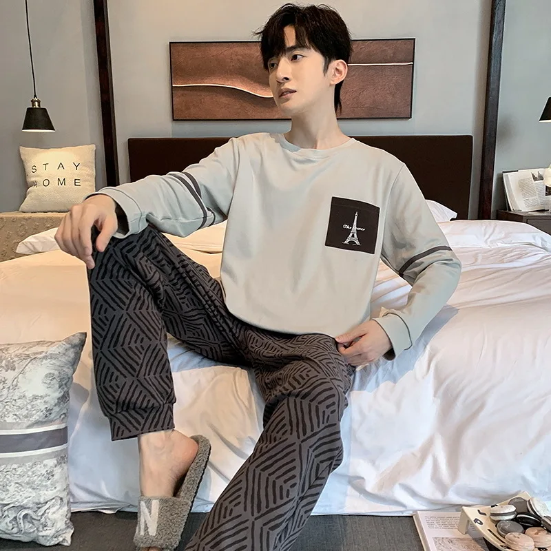 Two Pieces Set Cotton Men's Nightwear Korean Fashion Home Clothes Casual Loungewear Young Boy Pijamas pyjama homme coton