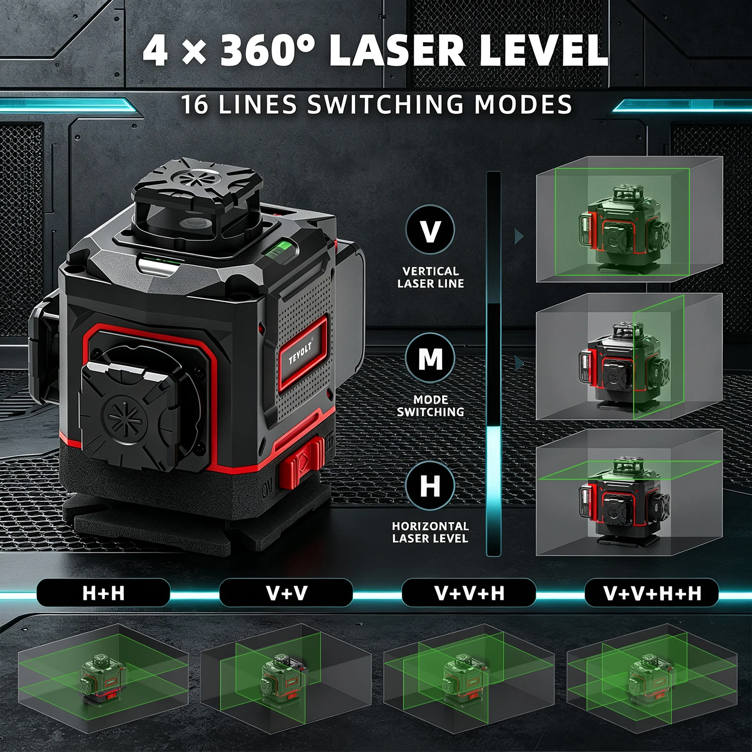 30M Max Detect Range 16 Line Green Laser Level Class 2 Laser Auto Self Level Lockable Laser Planes Indoor Outdoor Layout