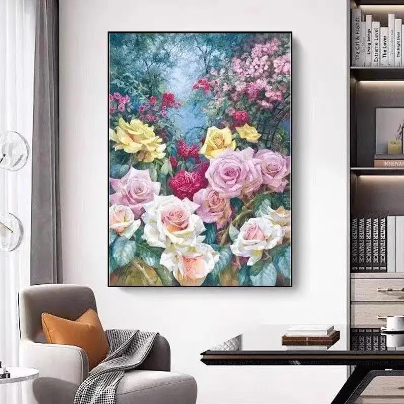 Handmade cross stitch finished product with flowers blooming, rich and noble, rose sea, new living room, bedroom decoration with