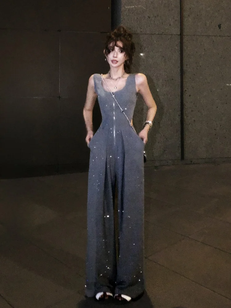 

Lililiwj Original Design Glittering Diamond One-Piece Pants Women Summer Expose Waist Slimming Versatile Casual Trousers