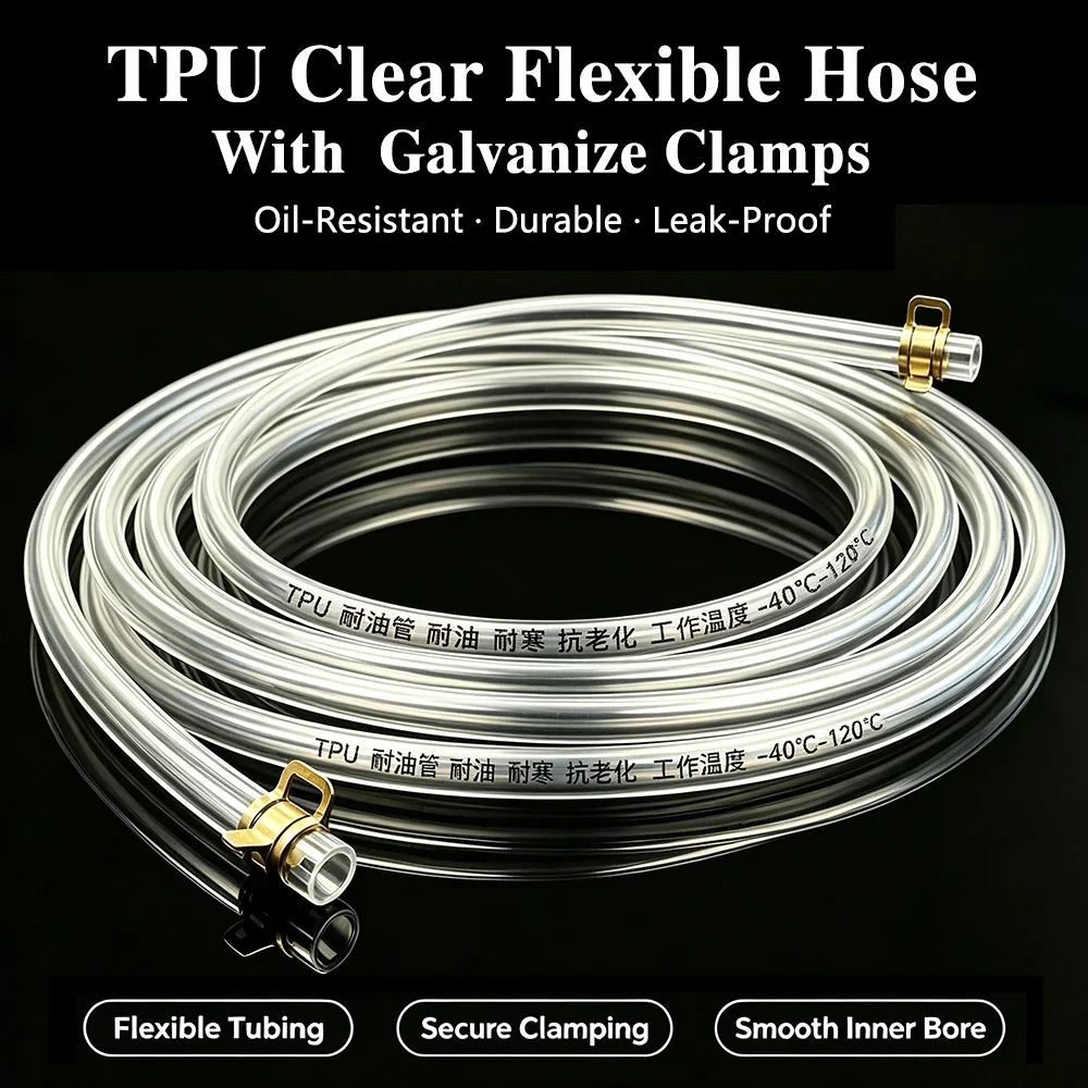 ID 4mm~16mm TPU Fuel Hose with Galvanized Clamps Clear Aging Corrosion Resistant Engine Fuel Line for Auto Motorcycle