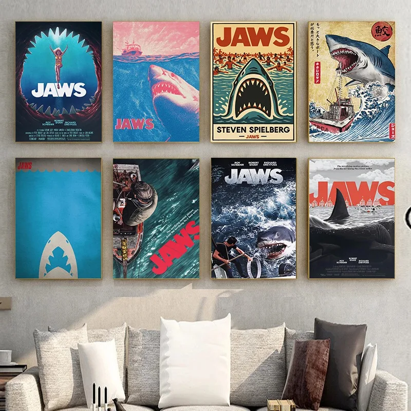 Jaws Movie Poster Vintage Colorful Canvas Print Classic Film Modern Wall Art Retro Decor Living Room Bedroom Home Cinema Gift