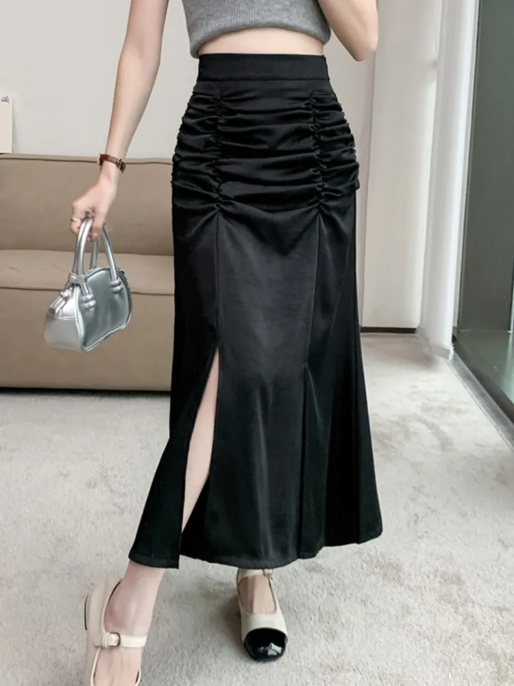 Elegant Mid-length Skirt A-line High-waist Sexy Button Slit Design Skirts for Women Summer Korean Style Pleated Clothing