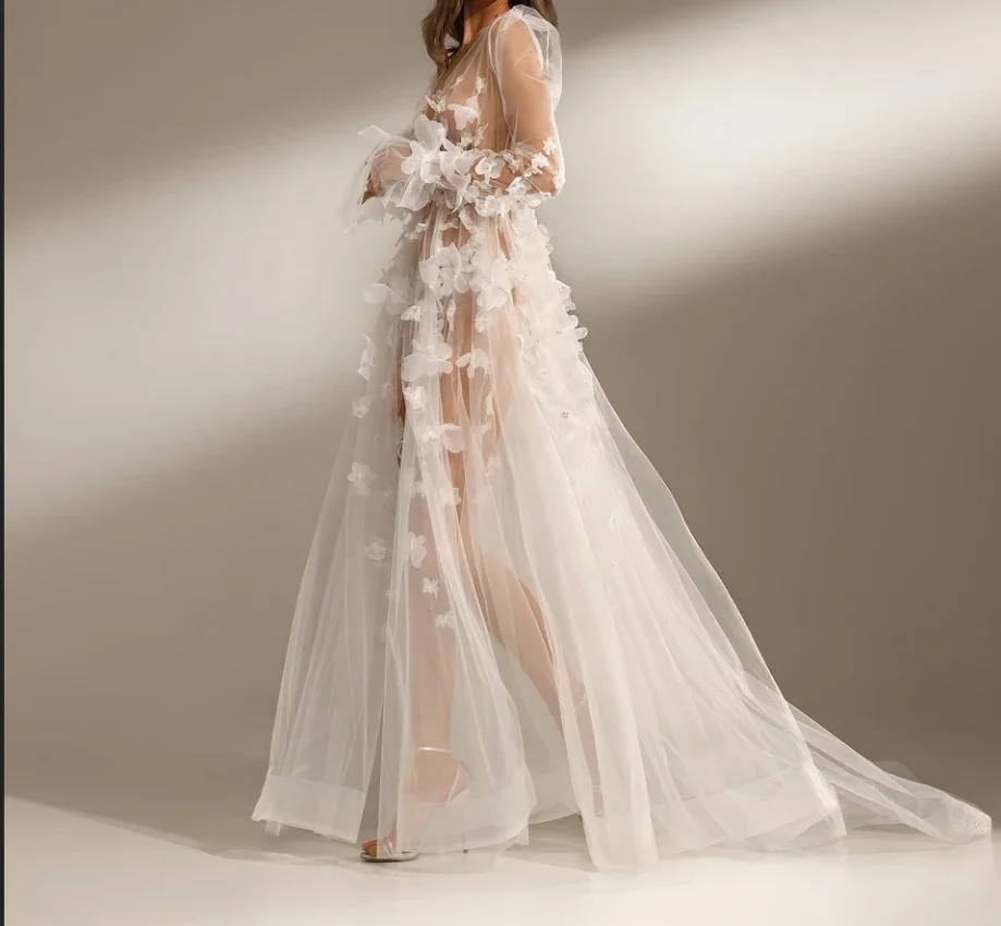 Robe de mariée en tulle avec fleurs 3D, robe de luxe pour les patients, longue veste, taille personnalisée