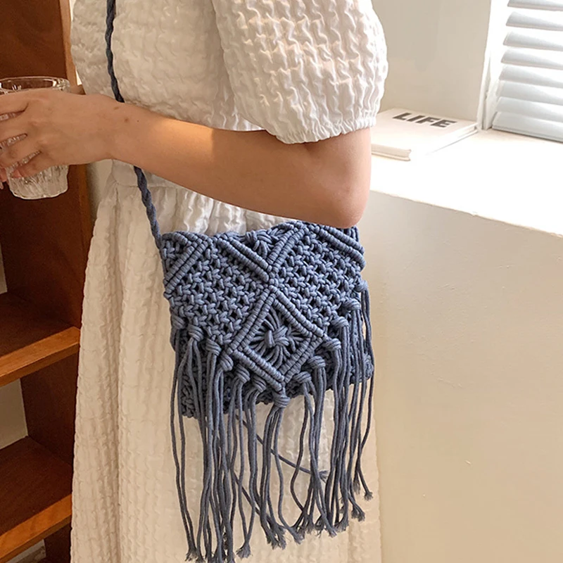 Neue Strohs ack böhmische Quaste Strand tasche Frauen häkeln Fransen Cross body ultraleichte Umhängetasche Frauen kleine Bolsos Feminina – Detail 22