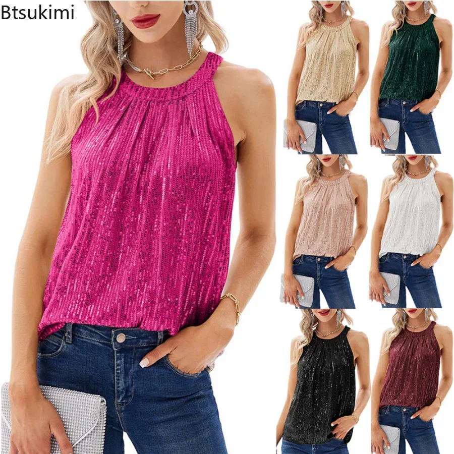 2025 Women's Summer Sequin Suspender Vest Shirts Party Club Sexy Tank Tops Female Hollow Out Halt Neck Women's Party Clothing