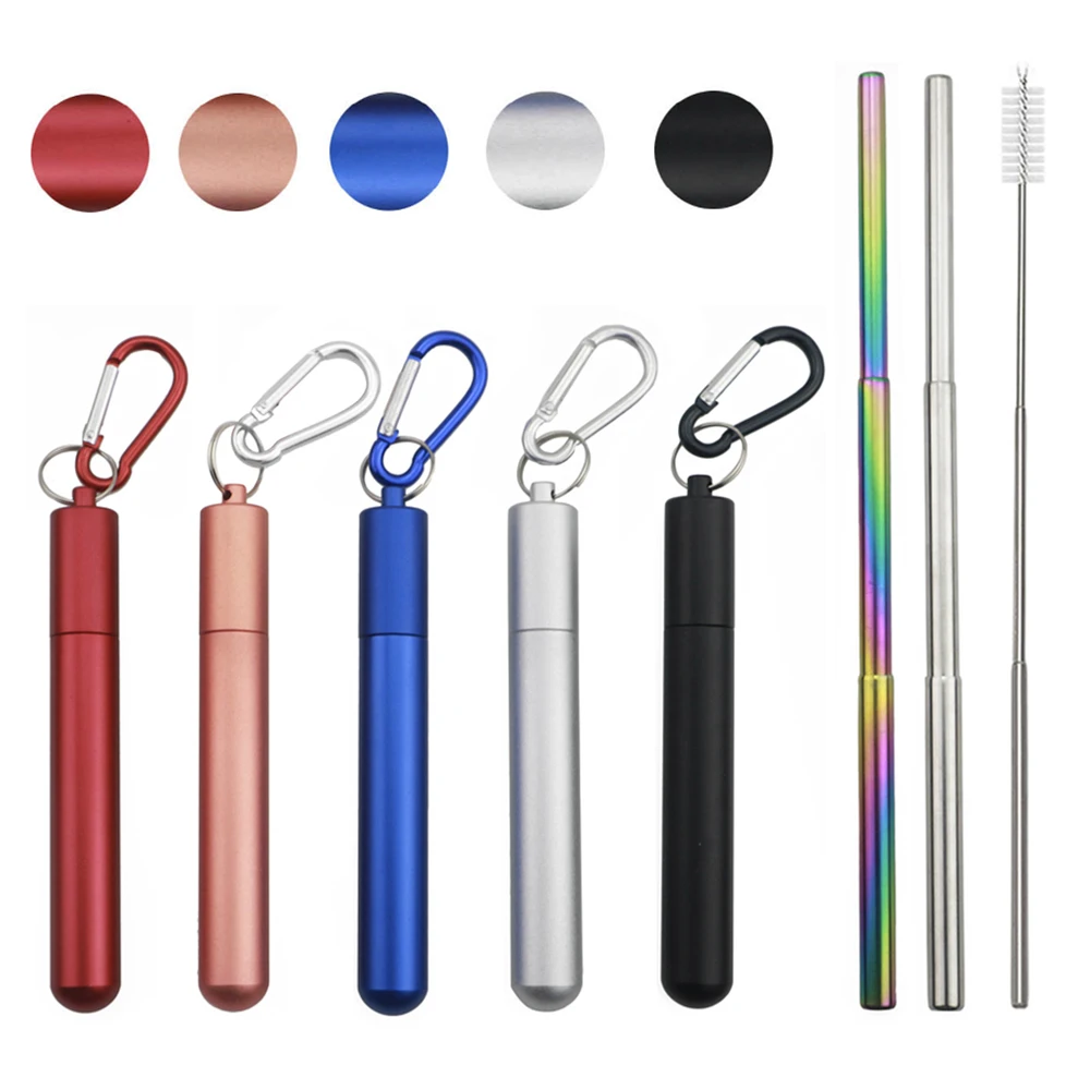 304 Stainless Steel Metal Straw Set Reusable Collapsible Telescopic Straw with Brush Case Portable Drinking Straw Set for Travel