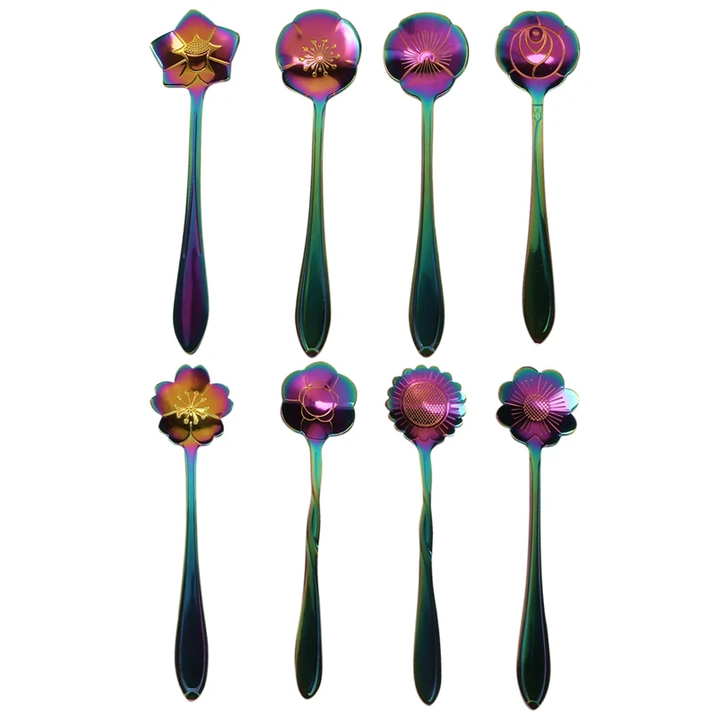 

8 Flower Spoon Set, 410 Stainless Steel Reusable Tea Spoon, Stirring Spoon, Coffee Spoon Tea Tableware (Length: 4.9 Inch, Rainbo