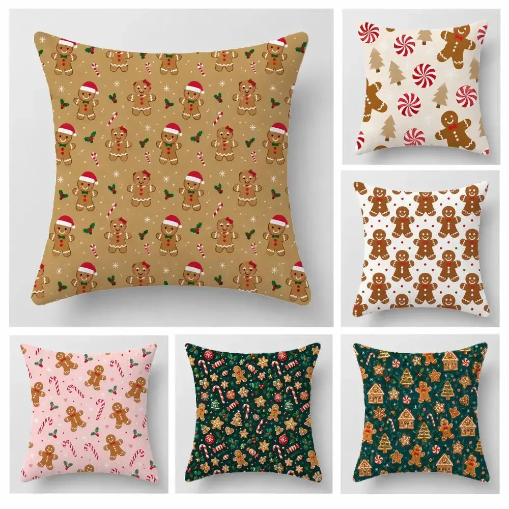 Cute Pattern Christmas Gingerbread Man Candy Cane Scatter Pattern Cushion Cover Short Plush Pillowcase, Sofa Bedroom Home Decor