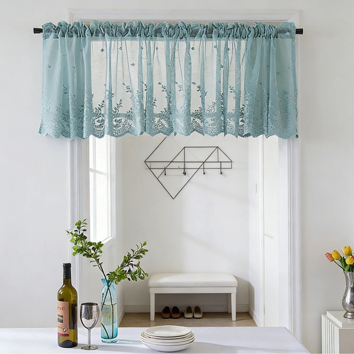 200147   Coffee Curtain Small Fresh Finished Rod-Pass Small Blue Lace Short Curtain Window Screen